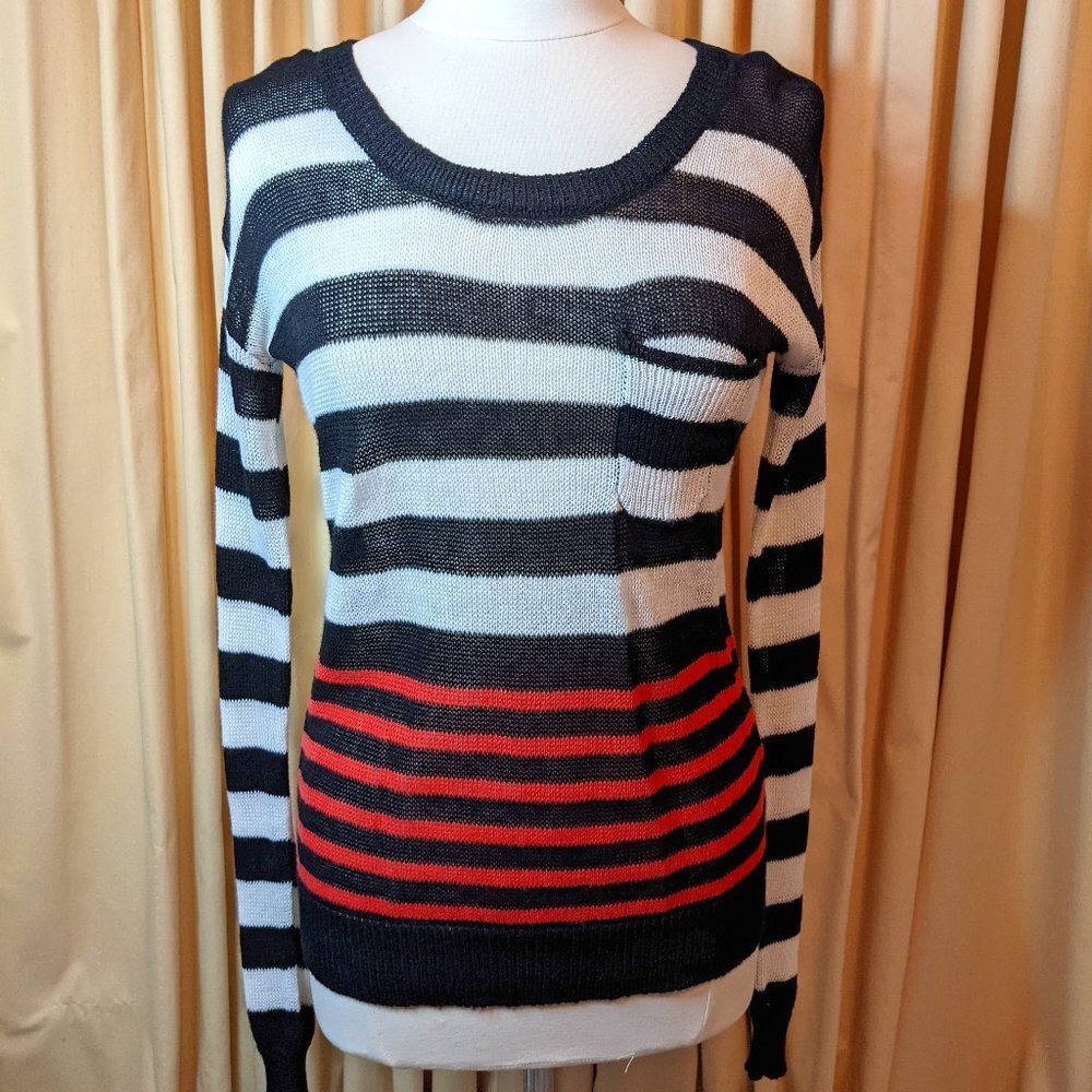 ACTIVE Black, White and Coral Striped Sweater with Front Pocket